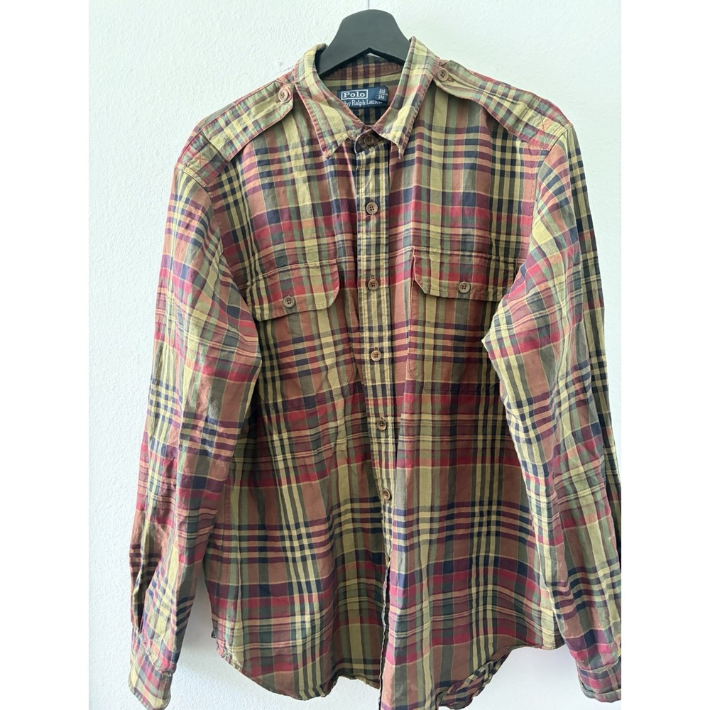 Polo Ralph Lauren Mens Large Plaid Long Sleeve Button Down Shirt Epaulets